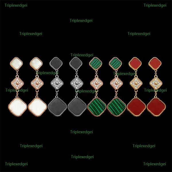 

charm korean style three flowers diamond earring classic four leaf clover natural turquoise designer earrings jewelry, Golden