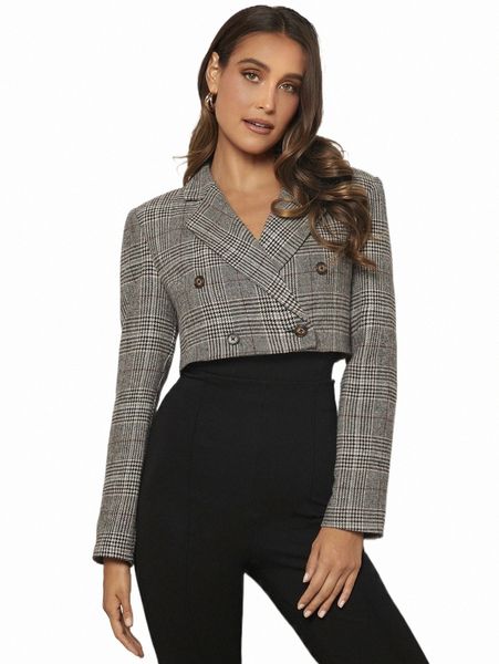 

women's two piece pants plaid double breasted blazer e882#, White