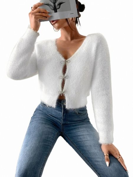 

women's sweaters rhinestone bow front fluffy knit cardigan u1ys#, White;black