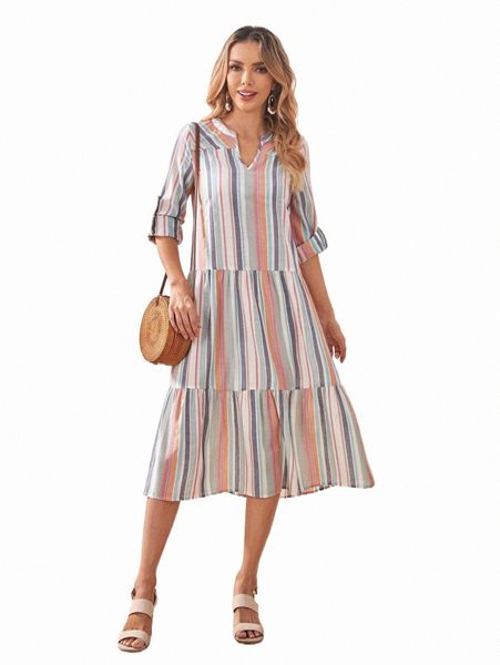 

casual dresses emery rose striped notched neck ruffle hem dress 06gs#, Black;gray