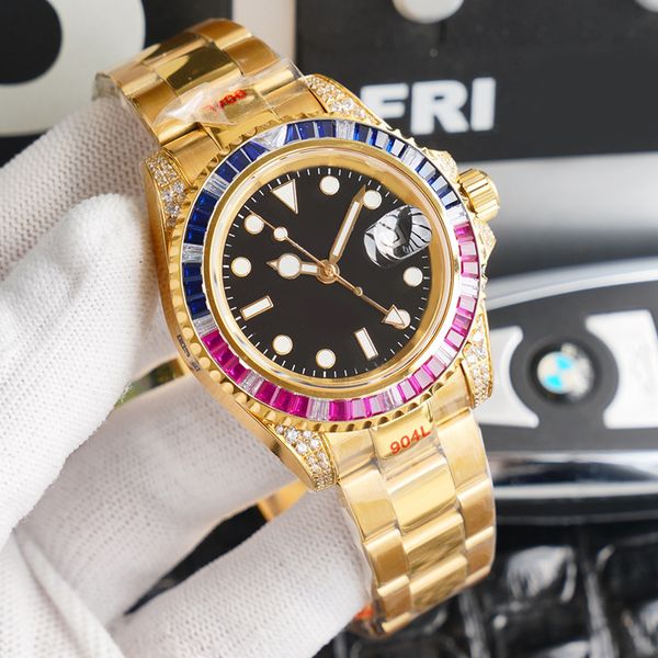 

gold men's watch with diamond dial automatic machine 40mm stainless steel 904l st9 folding buckle sapphire mirror gmt montre de luxe wa, Slivery;brown