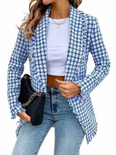 

women's down & parkas plaid fringe trim shawl collar tweed overcoat v8dw#, Black