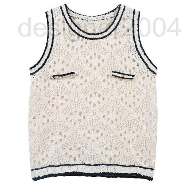 

women's knits & tees designer korean knitted vest summer new stripe color matching flower hook hollow out niche design temperament roun, White