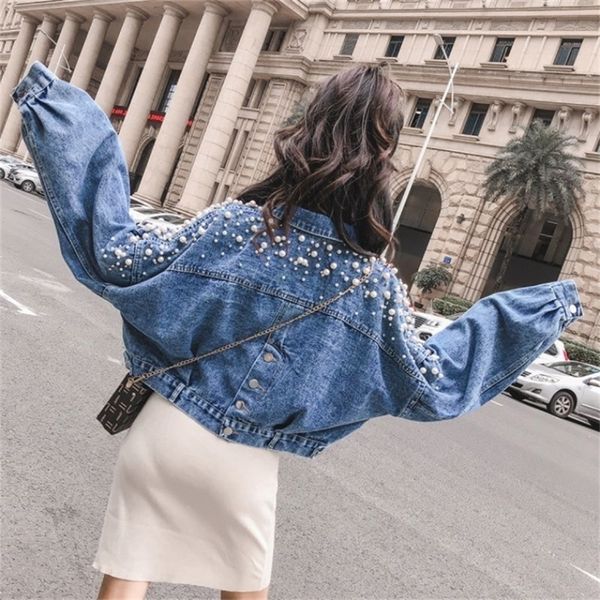 

women's jackets beading jean denim short for women loose chaqueta mujer office coat autumn flower female chaquetas oversized outerwear, Black;brown