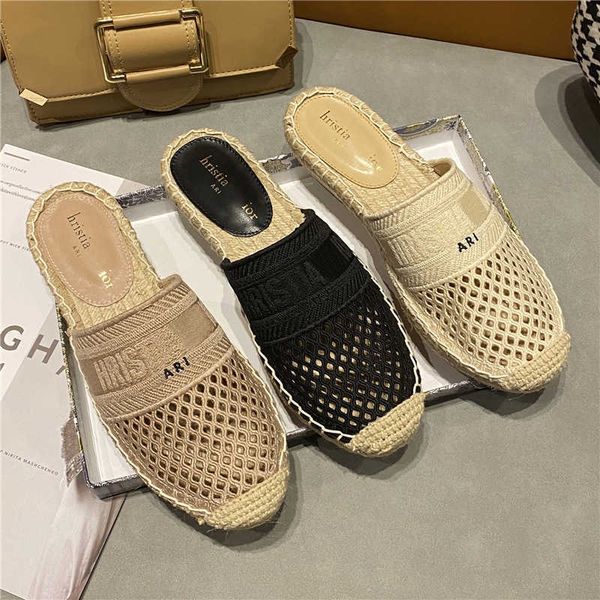 

slippers d embroidered hollowed out straw woven fisherman's shoes round head half trailer wearing flat bottom lazy hemp rope baotou, Black