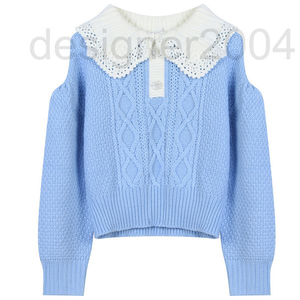 

women's sweaters designer french style autumn and winter 2021 new short blue long sleeved doll neck sweet loose hollow out knitted swea, White;black