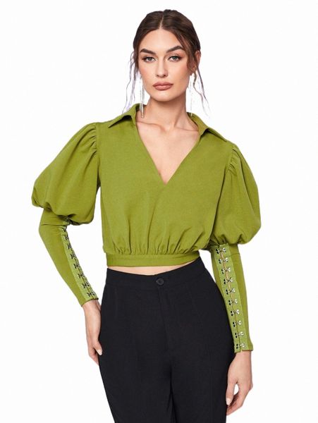 

women's blouses & shirts x nahal shad v-collar gigot sleeve split tie back crop h2r4#, White