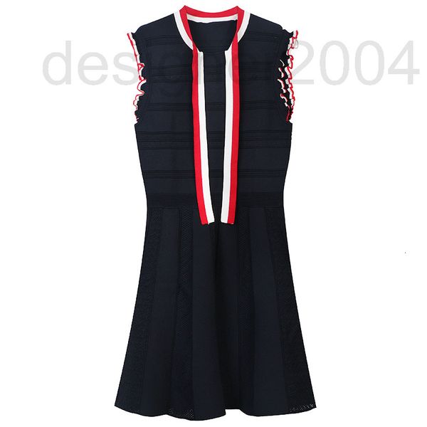 

casual dresses designer french summer sleeveless knitted dress 2022 new color contrast stripe bow tie lace up petal sleeve medium length ski, Black;gray
