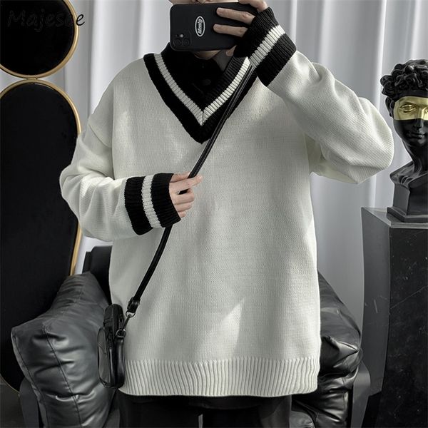 

men's sweaters pullovers men fashion knit v neck striped couple all match sweater student daily clothing harajuku streetwear loose lazy, White;black