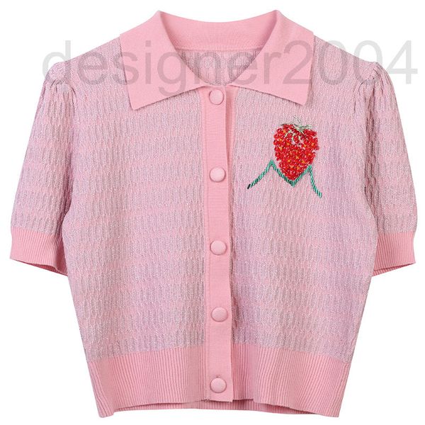 

women's sweaters designer clothing 2022 summer new color contrast strawberry stud embroidery temperament sweet lapel short sleeve knit, White;black