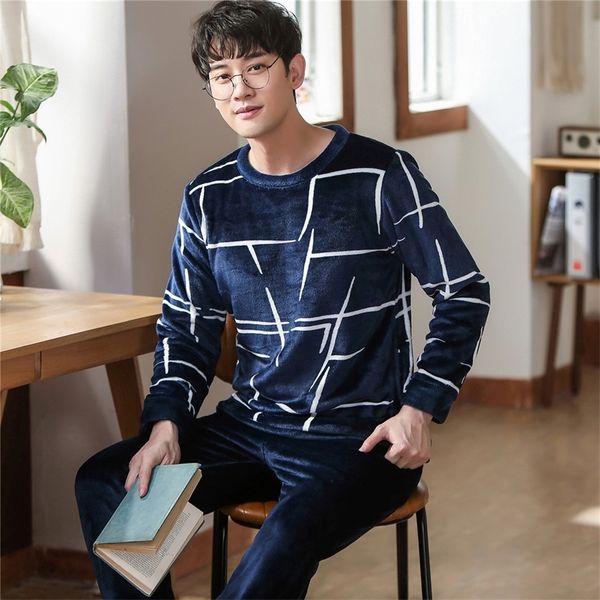 

men's sleepwear winter thicken warm soft flannel pajamas men long sleeved pijama couple homme nightwear cardigan pyjamas 220830, Black;brown