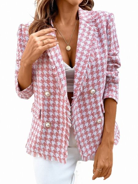 

women's two piece pants houndstooth raw trim double breasted tweed blazer c3si#, White