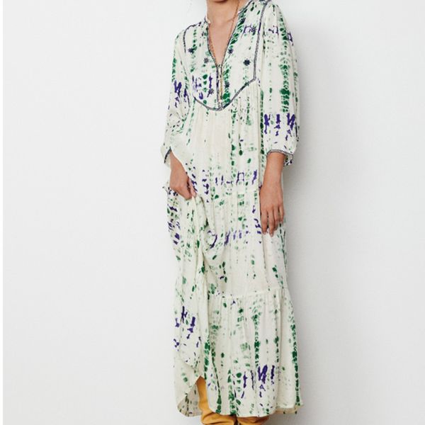 

casual dresses women tie-dye mid-calf dress three quarter sleeve loose holiday style v-neck ladies spring summer robe 220829, Black;gray