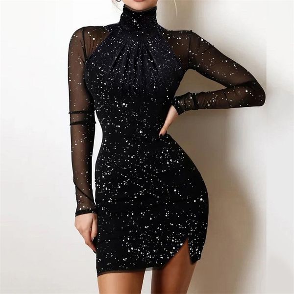 

casual dresses mesh transparent black women shiny print turtleneck long sleeve bodycon evening party mini vestidos 220830, Black;gray