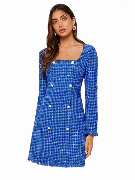 

casual dresses houndstooth double breasted raw hem tweed dress u3fs#, Black;gray
