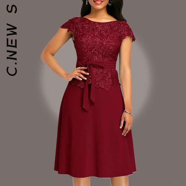 

casual dresses c. s bow lace patchwork maxi dress short sleeve knee pure solid knee length party dress vestidos female clothing 220829, Black;gray