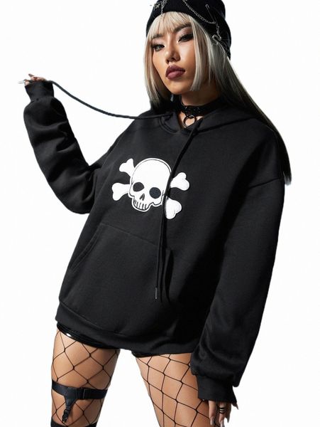 

women's hoodies & sweatshirts skull graphic oversized hoodie c9g1#, Black