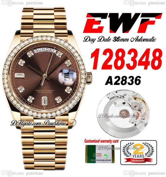 

ewf day date 128348 a2836 automatic watch mens ladies yg diamonds bezel brown diamond dial presidential bracelet same serial card super edit, Slivery;brown