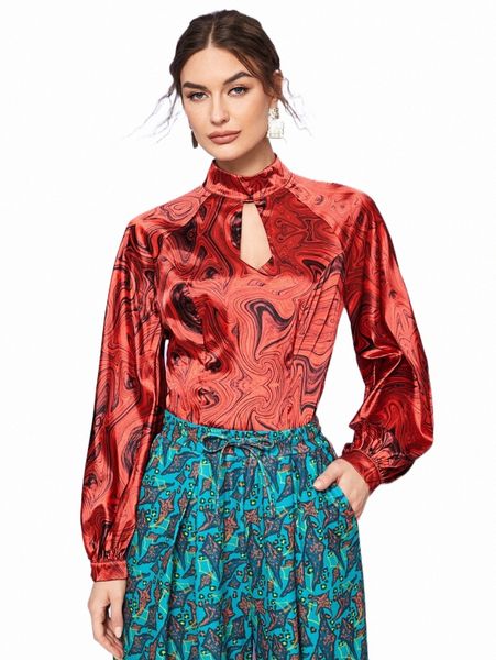 

women's blouses & shirts x ttadahh marble print keyhole neck blouse s0jr#, White
