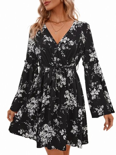 

casual dresses floral print tie front dress 2022 new z2ie#, Black;gray
