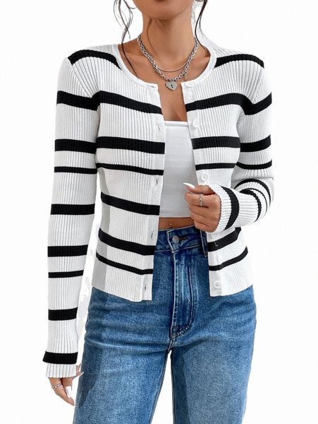

women's sweaters striped pattern ribbed knit cardigan h6bt#, White;black