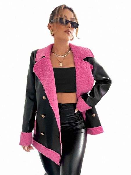 

women's two piece pants double breasted teddy lined pu leather blazer o65m#, White