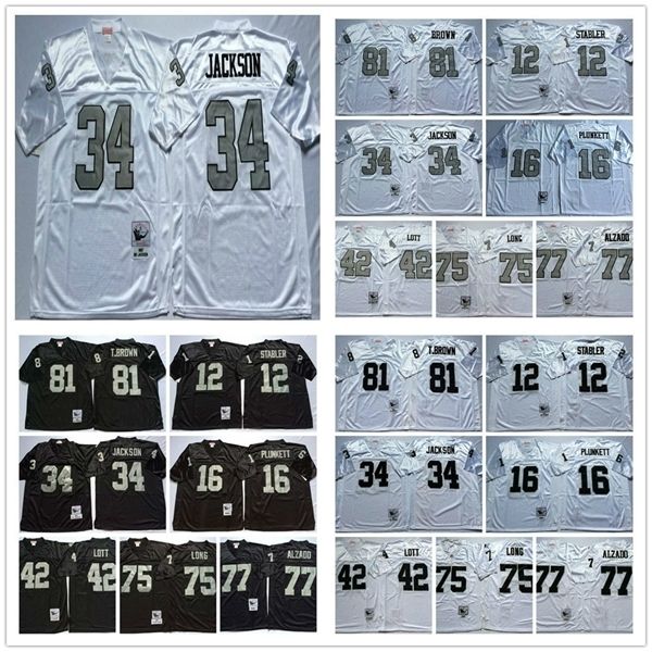 

jersey vintage oakland #12 ken stabler raider 16 jim plunkett 34 bo jackson 42 ronnie lott 75 howie long 77 lyle alzado 81 tim brown jerseys, Black;red