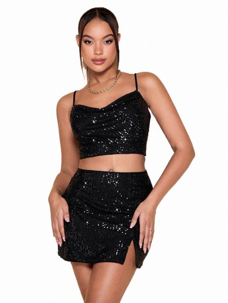

two piece dress bae draped collar sequin cami & split hem skirt v8n7#, White