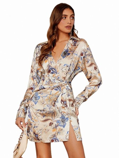 

casual dresses floral print wrap twist side split hem dress l0uj#, Black;gray