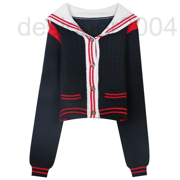 

women's sweaters designer french style autumn and winter 2021 new contrast stripe navy collar british academy slim fit short knit cardi, White;black