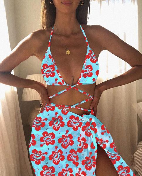 

women's swimwear 3 piece tie-dye printed tie-cord and yarn swimsuit, White;black