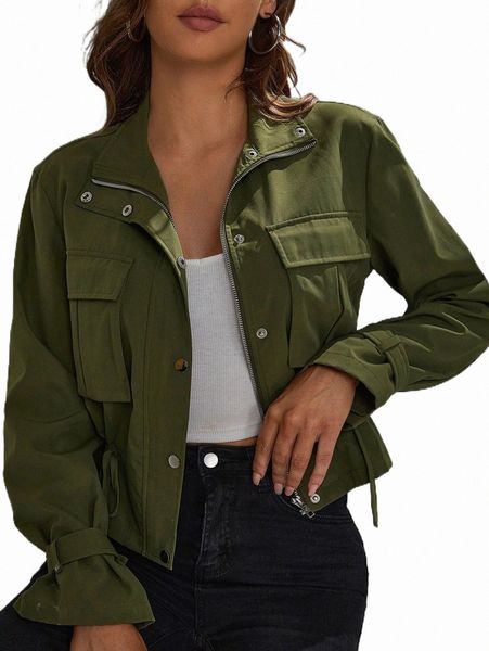 

women's jackets flap pocket drawstring waist jacket h42p#, Black;brown