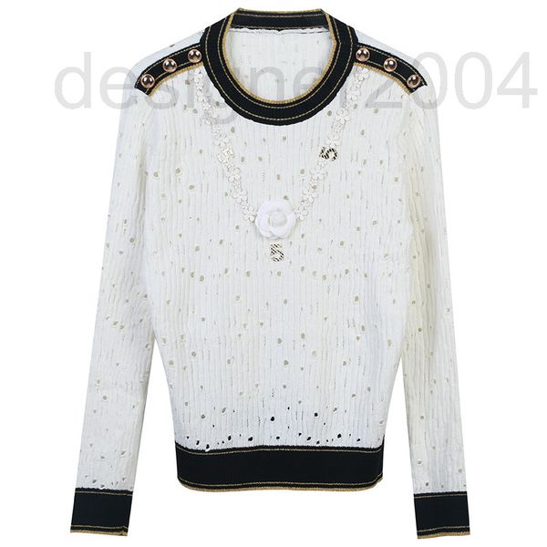 

women's sweaters designer hollow out knitted pullover autumn new black and white color matching three-dimensional flower decoration kor, White;black