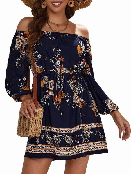 

casual dresses floral print off shoulder drawstring waist dress v1gl#, Black;gray