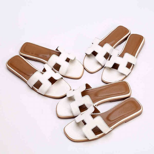 

slipper fashion oran paris h sandals official h women's summer wear leather versatile flat shoes, Black