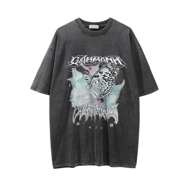 

tees cotton summer printing loose men's t shirt do old black washing round collar, Black;brown