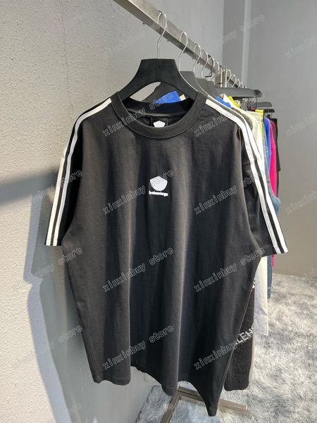 

xinxinbuy men women designers tees paris shoulder webbing short sleeve streetwear black oversize s-2xl, Black;brown