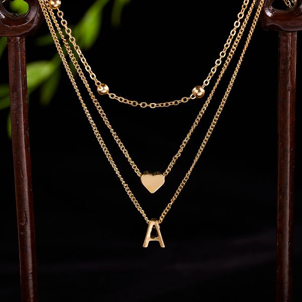 

new multi-layer tiny small heart initial letter necklace women vintage gold color alphabet clavicle chain choker jewelry gifts, Silver