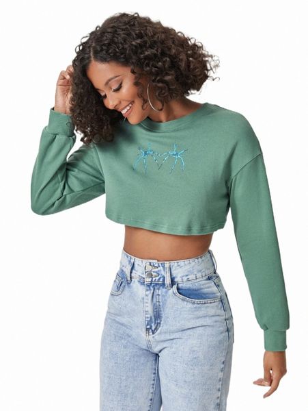 

women's hoodies & sweatshirts x ellumination drop shoulder spider print crop sweatshirt p5hl#, Black