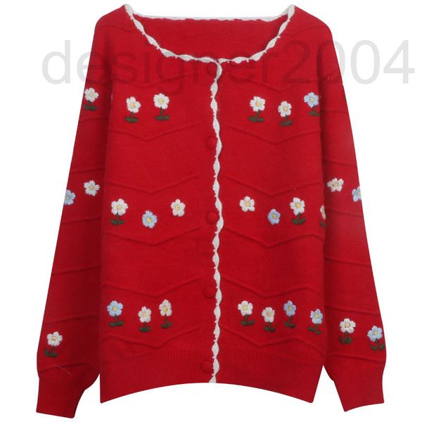 

women's sweaters designer sweater coat 2022 autumn winter new red contrast flower embroidery lady loose long sleeve women's knitte, White;black