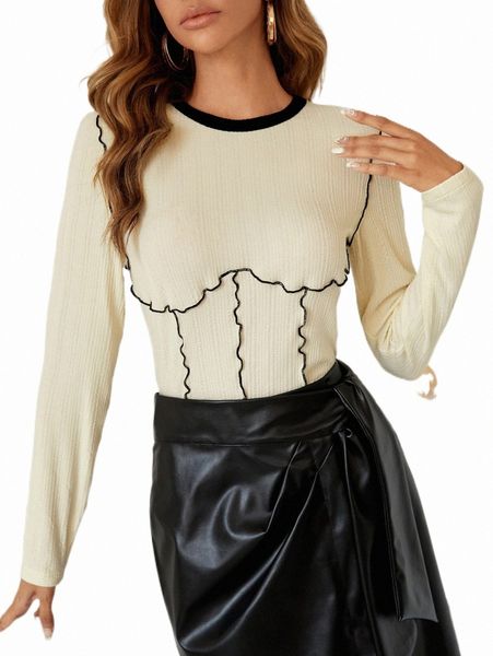 

women's t-shirt contrast binding lettuce trim tee s6hq#, White