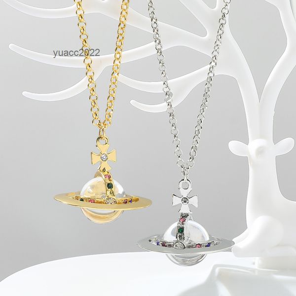 

pendant necklaces new vivian westwood saturn necklace women's diamond inlaid three-dimensional pendant gift, Silver