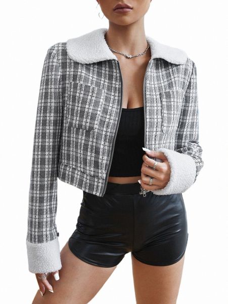 

women's down & parkas plaid dual pocket borg collar zipper overcoat 17rx#, Black