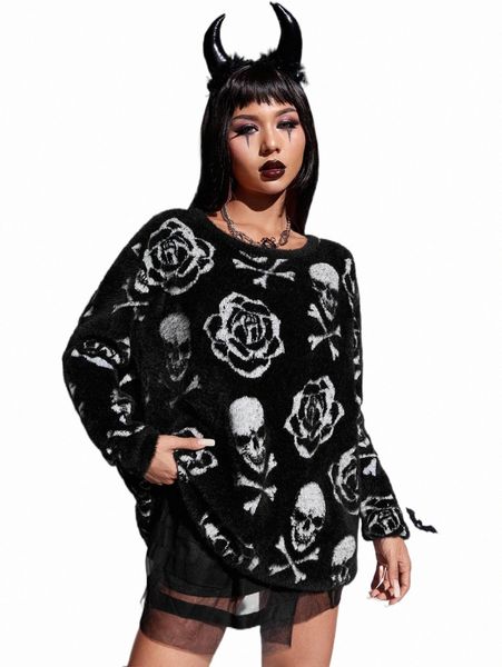 

women's sweaters floral & skull pattern drop shoulder fuzzy sweater 274g#, White;black