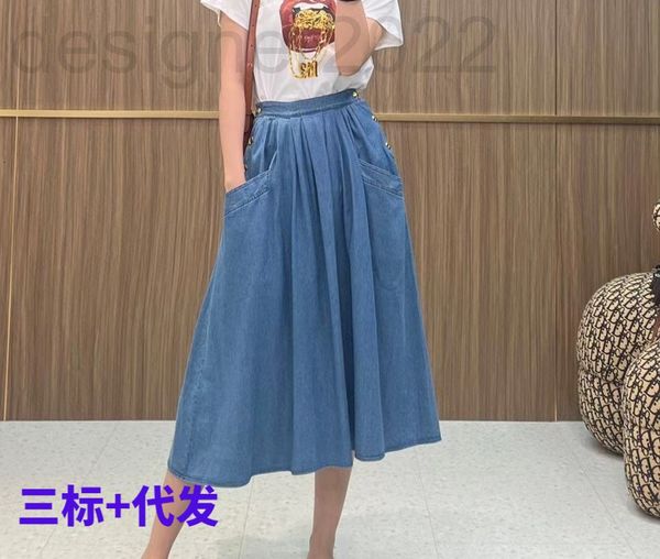 

skirts designer ce cute pocket high waist denim thin umbrella skirt gold button a-line pleated half length women's y9ei, Black