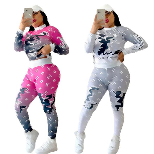 

fashion letter colorful print tracksuits for womens long sleeve round neck and casual pants brand loose 2 piece sets j2651, Gray