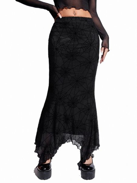 

skirts halloween spider web print lettuce trim mesh skirt l3hz#, Black