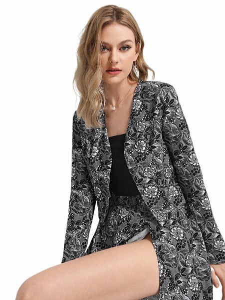 

women's two piece pants x swinging 60's allover floral print open front blazer s0nm#, White