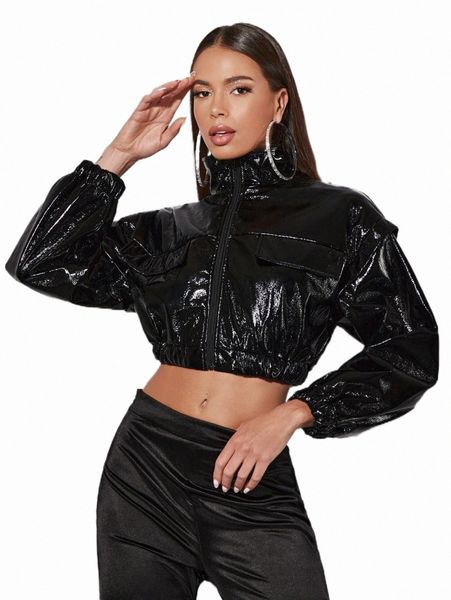 

women's jackets bae zip up drop shoulder crop pu leather jacket y9kj#, Black;brown