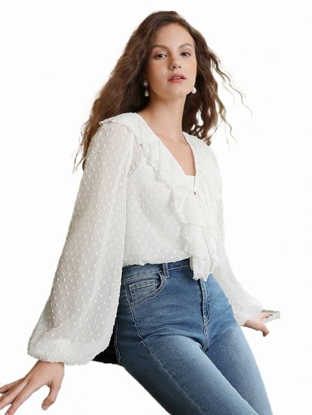 

women's blouses & shirts mod swiss dot ruffle trim blouse u2kn#, White